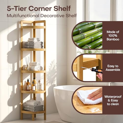 2026 New Bamboo Standing Shelf, 5 Tier Corner Shelf Stand, Free-Standing Shelf Units, Triangular Curved Corner Shelf Stand for Space-Saaving Display Ideal for Bathroom/Kitchen/Living Room Storage - size: 5-Tier