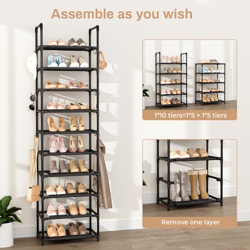 VTRIN 10 Tiers Tall Shoe Rack Holds 20-25 Pairs of Shoes Sturdy Vertical Shoe Organizer with 18pcs Hooks Stackable Narrow Shoe Rack for Closet, Entryway Black - color: Black, size: 17" Wide - 10 Tier