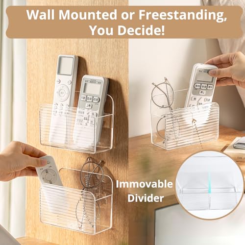 LINFIDITE Adhesive TV Remote Control Holder Wall Mount TV Remote Holder For Bedside Wall Remote Control Caddy Storage Organizer Stand Box （For 2 Or 4 Remote Controls – Transparent – Quantity 1） - color: Clear White, size: 1 Pcs Fxed Dividers
