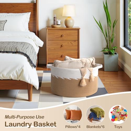 OIAHOMY 90L Blanket Basket for Living Room, Large Basket 23" x 23" x 13" with Handle, Laundry Hamper for Blankets, Pillows, Toy Storage for Kids, Dogs - Yellow & White - color: Yellow & White, size: 23" x 23" x 13"