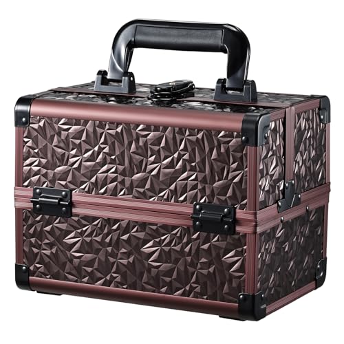 Joligrace Makeup Train Case Cosmetic Box Portable Makeup Case Organizer 2 Trays Makeup Storage with Mirror Locking for Cosmetologist Aesthetic Supplies Nail Tech Traveling Makeup Box Dark Brown - color: Dark Brown