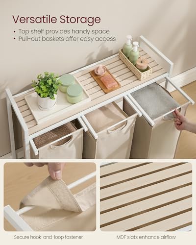 VASAGLE Laundry Hamper, Laundry Basket Sorter with 3 Pull-Out and Removable Bags, Shelf, Metal Frame, 3 x 10.6 Gallons (40 L), 36.4 x 13 x 28.4 Inches, Cappuccino Beige and Natural Beige UBLH301LH01 - color: Cappuccino Beige + Natural Beige, size: 3 Bags