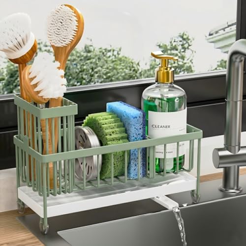 Cisily Sponge Holder for Kitchen Sink, Sink Caddy Organizer with High Brush Holder, Kitchen Countertop Organizers and Storage Essentials, Rustproof 304 Stainless Steel (Sage Green, 9.25″) - color: Sage Green