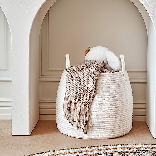 R RUNKA Nursery Laundry Basket | Kids Hamper for Blankets, Pillows,Toys (15"x 13")| Baby Toy Basket | Nursery Storage for Boho Room Decor | Ideal Gift for Baby Showers| White