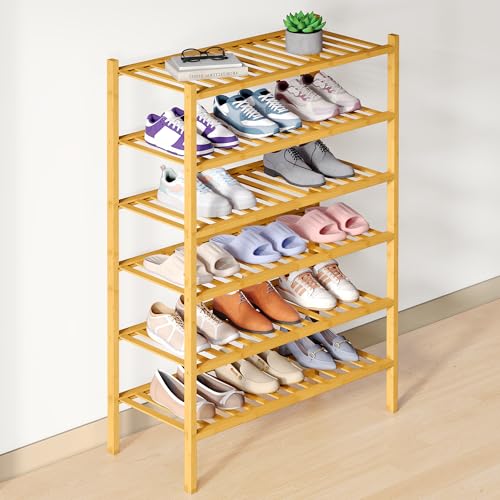 Smiry Bamboo Shoe Rack for Closet, 6 Tier Wooden Stackable Shoe Organizer, Free Standing Shoes Storage Shelf for Entryway, Front Door Entrance, Natural - color: Natural, size: 6 Tier - Medium