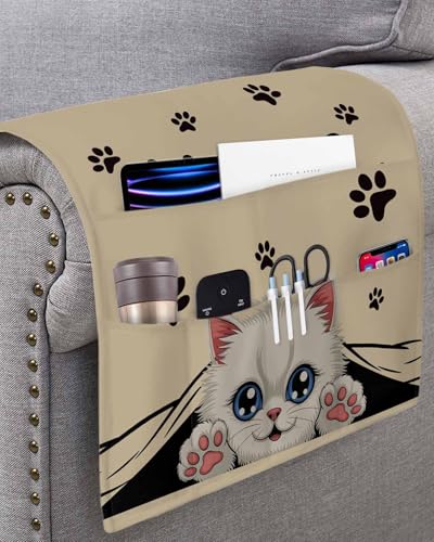 Sofa Armrest Organizer Bedside Caddy, Adorable Cat Welcome Non Slip Couch Remote Control Holder for Recliner, Retro Paws Footprints Arm Chair Caddy with Pocket for Magazine, Phone, 19.7''x35'' - size: 19.7x35 in