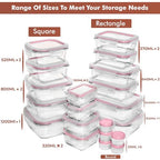 Razab 35 Pc Set Glass Food Storage Containers with Lids - Meal Prep Airtight Bento Boxes BPA-Free 100% Leak Proof (15 lids,15 glass & 5 Plastic Sauce/Dip Containers) - color: Pink