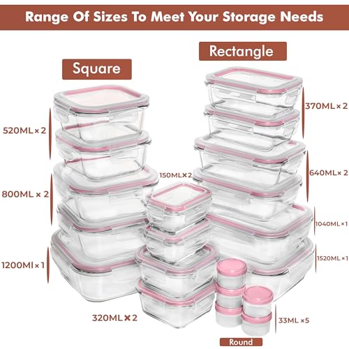 Razab 35 Pc Set Glass Food Storage Containers with Lids - Meal Prep Airtight Bento Boxes BPA-Free 100% Leak Proof (15 lids,15 glass & 5 Plastic Sauce/Dip Containers) - color: Pink