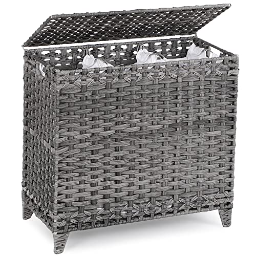 Laundry Hamper with 3 Removable Liner Bags; 132L Handwoven Rattan Laundry Basket with Lid & Heightened Feet; Clothes Hamper with Side Handles; Laundry Sorter with 3 Separate Sections - color: Gray, size: 132L-3 Section
