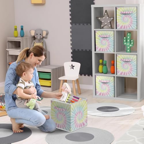 Sorbus 11 Inch Fabric Storage Cubes - Sturdy Collapsible Storage Bins & Handle - 6 Foldable Baskets for Organizing Clothes - Multi Colored Storage Baskets for Shelves (Light Tie-dye, 11 Inch) - color: Light Tie-dye, size: 11 Inch
