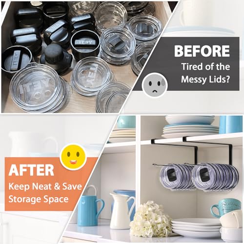 2 Pack Tumbler Lid Organizer, Horizontal Tumbler Lid Storage Hook to Hold Up 20 Lids, Space Saving Cup Lid Holders Under Cabinet Tumbler Lid Hook for Kitchen Organizer, Paper Towel Rack Hanger (Black) - color: Black, size: 2 Pack