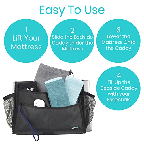 Vive Bedside Caddy - Bed Hanging Organizer - Storage Bag Shelf for College Dorm, Bedroom, Couch, Bunk - 8 Large Pockets with Charger Slots for Men and Women - Slides Under Mattress - Handle for Travel