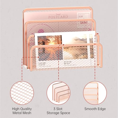 SUPEASY Mail Organizer for Desk, Mesh Metal Mail Holder Countertop with 3-Slot, Letter Sorter File Holder, Office Envelope Organizer for Mails (Rose Gold) - color: Rose Gold
