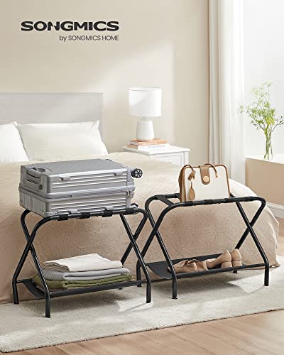 SONGMICS Luggage Racks, Set of 2, Suitcase Stand with Fabric Storage Shelf, for Guest Room, Bedroom, Hotel, Foldable Steel Frame, Holds up to 110 lb, 27.2 x 15 x 20.5 Inches, Black URLR002B02 - color: Black, style: with Shelf