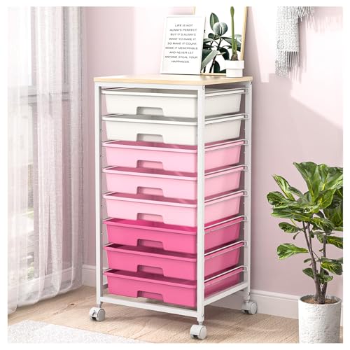 Rolling Cart with Drawers,Storage Cart with 8 Drawers and Wooden Tabletop,Utility Cart for Living Room,Classroom, Bedroom,Bathroom,Dorm,Office,Rose Pink - color: Rose Pink