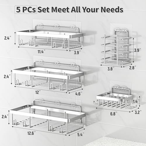 Liuoud 5 Pack Shower Caddy Organizer Rack Shelf for Inside Shower, Self Adhesive Bathroom Wall Storage Basket Rustproof Stainless Steel Large Capacity Shampoo Holder, Silver - color: Silver