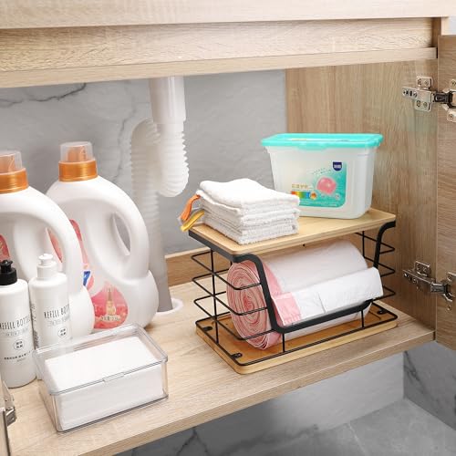 ALOCEO Large Wire Basket for Kitchen Pantry, Stainless Steel Kitchen Counter Organizer for Potato Onion, Trash Bag Dispenser Under Sink with Bamboo Top, Black - color: 1-pack - XL Bamboo Bottom Black