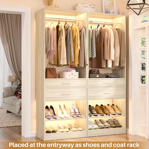 Unikito 25” W x 80'' H Closet System Organizer with Hanging Rod and 2 Wooden Drawers, Adjustable Shoes Rack, Sturdy Garment Racks, Walk-in Closet Tower for Bedroom, Mudroom, and Entryway, White Oak - color: White Oak, size: 25 Inch