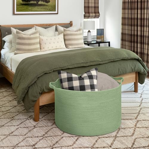 MEGASKET 115L Oversized Green Basket, 23.6"x15.7" Woven Cotton Rope Bin for Blankets, Nursery Wicker Laundry Hamper, Kids Toy Storage Bin, Sage Green Living Room Bedroom Decor Baskets for Organizing - color: Green, size: 23.6"x23.6"x15.7"