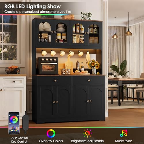 HIFIT 71" LED Kitchen Pantry Cabinet with Power Outlet, Large Kitchen Hutch Cabinet with 2 Storage Drawers & Arched Door, Countertop & Hooks, Tall China Bar for Dining Living Room (Black) - color: Black
