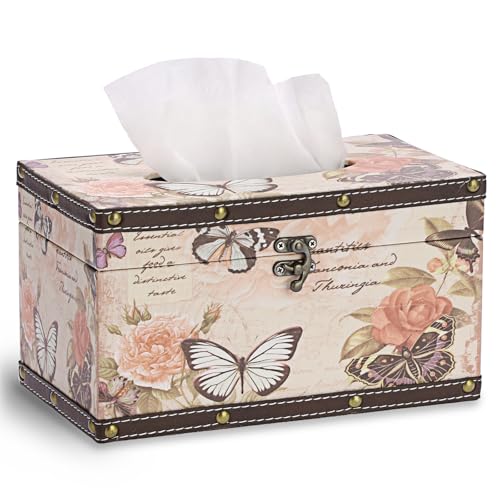 Vintage Tissue Box Cover, Wood Rectangular Tissue Box Holder, Decorative Butterflies Faux Leather Tissue Holders for Table Bathroom Living Room Kitchen Office Car Home Decor, Distressed Pink - size: Large