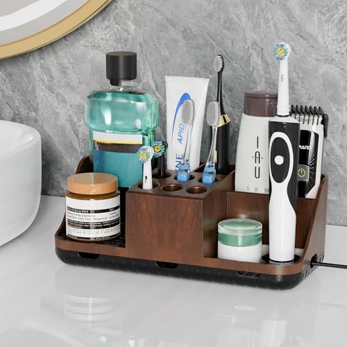 Boperzi Bathroom Counter Organizer for Vanity & Sink Storage: Detachable Electric Toothbrush and Toothpaste Holder, Water Flosser Holder, Bathroom Decor and Accessories Organization Set(Walnut Black) - color: Walnut/Black