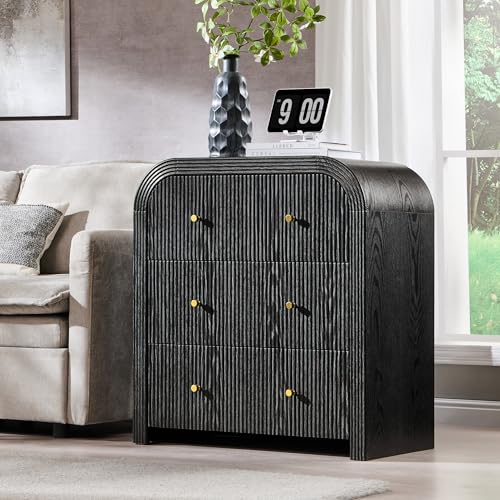 T4TREAM Fluted Dresser with 3 Drawers, 32" Tall Modern Chest of Drawers with Thickened Curved Profile Design, Wood Closet Clothes Storage Organizer for Bedroom, Living Room, Hallway, Black Oak - color: Black Oak, size: 15.7"D x 30"W x 32"H (3 Drawers)