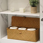 Seagrass Tank Basket with Lid Woven Toilet Roll Storage Basket with Sections Rectangular for Organize Snack Toys Tampon (Large Compartment 16.5inch L x 5.5inch W x 5.5inch H) Natural - color: Natural