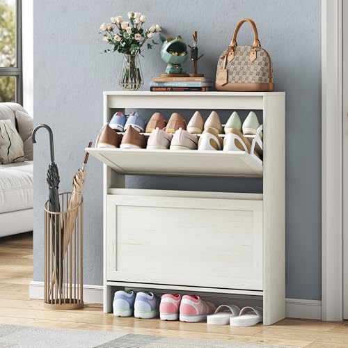 Shoe Storage Cabinet with 2 Flip Drawers, Freestanding Legs for Entryway, Slim Off White - size: 2 Flip Door