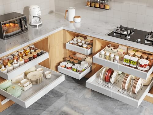 Seinloes 6 Pack Pull Out Cabinet Organizers 21" Deep With Raising Pad for Framed Cabinets, Expandable Slide Out Drawers with 4pcs Divider Racks, Roll Out Shelves, Adjustable Width 12"-20.45" White - color: White, size: 12"-20.45"Wide x 21"Deep(6 Pack)