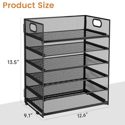 Subekyu 6 Tier Paper File Tray Organizer for Desk, Black Mesh Desk Letter Paper File Folder Accessories Sorter Organizer with Handle, Stackable Slide Tray for Office, Home or School Supplies Storage - color: Black