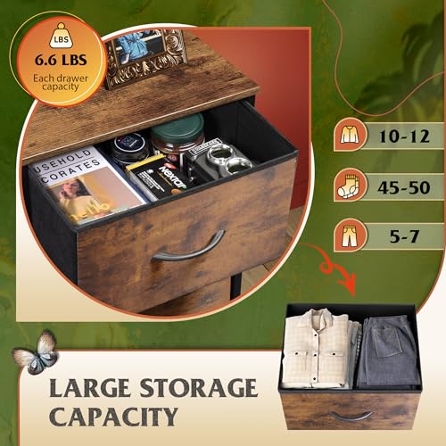 WLIVE Fabric Dresser for Bedroom, 5-Drawer Tall Dressers, Storage Organizer with Fabric Bins, Wood Top, Sturdy Steel Frame, Chest of Drawers for Closet, Hallway, Rustic Brown Wood Grain Print - color: Rustic Brown Wood Grain Print