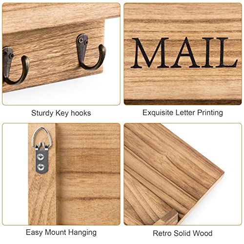 DLQuarts Mail Organizer with Key Holder for Wall Decorative Mail Sorter Wall Mounted, Wooden Mail Holder with 3 Hooks, Carbonized Brown - color: Carbonized Brown