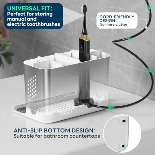 Bathroom Countertop Organizer with Front Ledge for Phone, Detachable Kids Toothbrush Holders with Cord Slots and Ring Holder, 6 Slots Toothbrush Toothpaste Holder with Drainage for Family - color: Silver