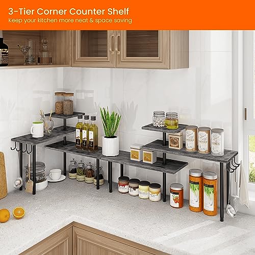 Homode Kitchen Countertop Organizer, 3 Tier Corner Shelf Bathroom Counter Organizer, Wooden Counter Shelf Stand Space Saver, Easy Assembly, Rustic Grey - color: Rustic Grey, With Hooks