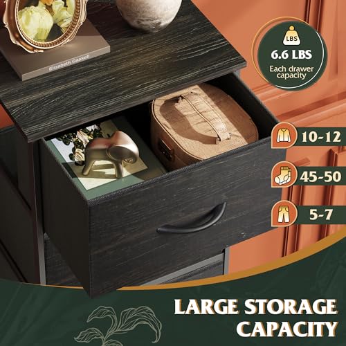 WLIVE Fabric Dresser, 5-Drawer Tall Dressers for Bedroom, Storage Dresser Organizer with Wood Top, Sturdy Steel Frame, Chest of Drawers for Closet, Hallway, Charcoal Black Wood Grain Print - color: Charcoal Black Wood Grain Print