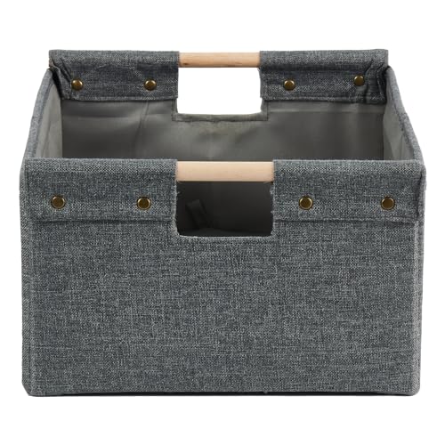 2PCS Storage Bins Cotton Linen Fabric Storage Boxes Basket with Wooden Handles Foldable Washable Decorative Shelf Container Clothes Organizer Home Laundry - Small Size, Gray - color: Gray, size: Small (Pack of 2)