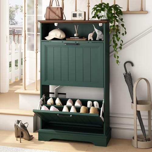 Shoe Storage Cabinet with 2 Flip Drawers, 24" W Farmhouse Modern Hidden Shoes Rack Cabinet with Adjustable Shelves & Open Storage, Narrow Slim Shoe Organizer for Front Door Entrance, Entryway, Green - color: Green, size: 2-Drawers