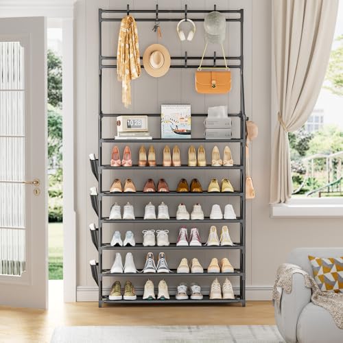 OYREL Shoe Rack 7 Tier Sturdy Shoe Racks for Closet Shoes Organizer for 28-35 Pairs Large Capacity Shoe Storage Rack with Multifunctional 5 Hooks and Side Pocket for Entrance Entryway - color: Black, size: 7 Tier