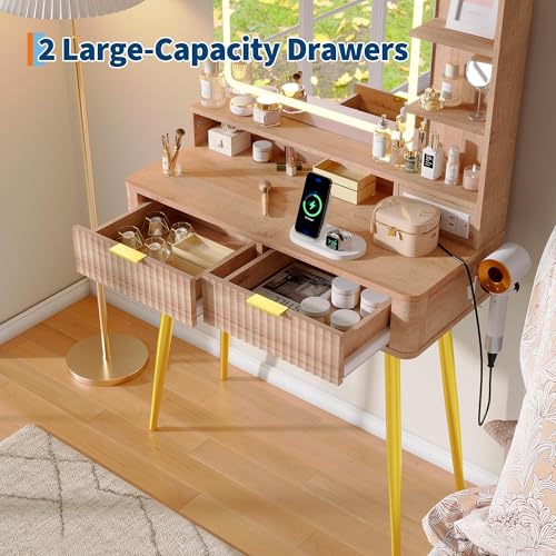 Garvee Makeup Vanity Desk with Mirror and Lights, Fluted Design, 31 in Small Storage Cabinet & 2 Drawers, 3 Lighting Modes, Stylish Dressing Table for Bedroom - color: Wood