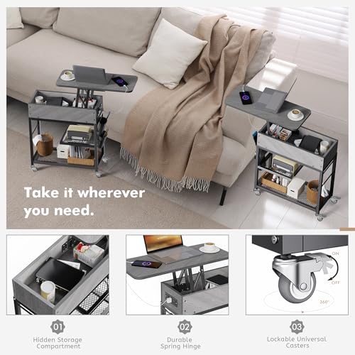 Colima Lift Top End Table with Charging Station and Wheels, Sofa Side Table with USB Port & AC Outlets, Movable Bedside Nightstand with Side Bag for Office Living Room Bedroom(Gray) - color: Grey