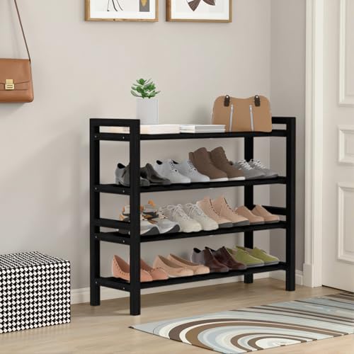 Haddockway Bamboo Shoe Rack for Closet, Free Standing Shoe Organizer with Smooth Round Rods & Convenient Handles, Stackable Shoe Storage Shelf for Entryway, Hallway(Black, 4-Tier) - color: Black, size: 4-Tier_Standard