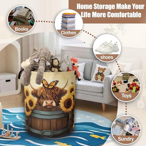 Highland Cow Laundry Hamper,Sunflower Butterflies Collapsible Laundry Baskets Waterproof Oxford Cloth With Handles,Clothes Storage Bucket Toy Organizer For Bathroom/Nursery/Bedroom 16" x 20.8" - color: Highland Cow,Sunflower Butterflies