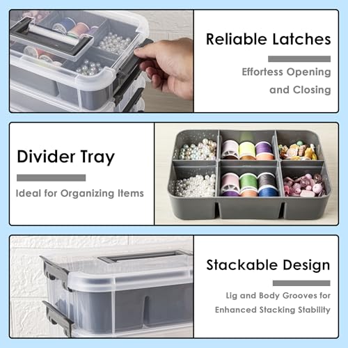 CraftGenes Grey&White Modern Plastic Storage Box - 4-Layer Durable Craft Storage Containers with 2 Removable Trays for Arts & Crafts Supplies, Sewing, Office, Seasonal Decor - color: Grey