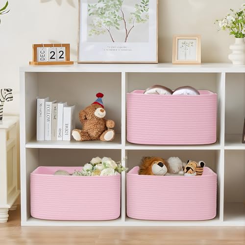 2 Pack Large Storage Basket for Organizing, 17.5"x13"x7" Woven Basket for Shelves, Closet Cube Storage Bins with Wrapped Handle, Cotton Rope Baskets for Kitchen, Clothes, Toys(Light Pink) - color: Light Pink, size: 2 Pack