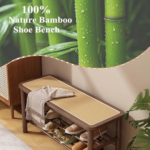 Bamboo Shoe Rack Bench with Rattan Seat, 3-Tier Shoe Storage Bench, Entryway Bench for Hallway, Walnut-31.5 inches - color: Walnut, size: 31.5 inch