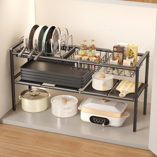 Mustorn Pots and Pans Organizer Under Cabinet, Expandable 2 Tier Under Sink Organizers Storage Adjustable Height Kitchen Pot and Pan Lid Holder Rack with 6 Dividers(4panels,2baskets,1 Pot rack,Black) - size: 4panels &2baskets &1 pot rack-2 Tier