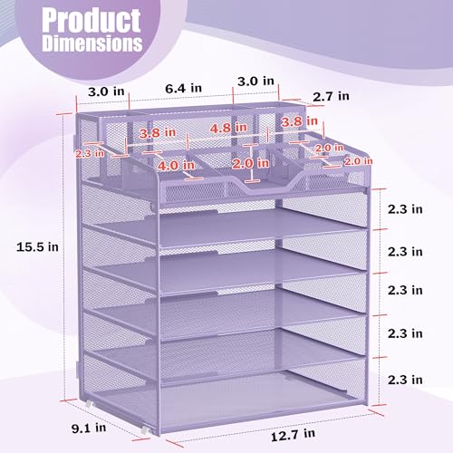 Docnest 6 Tier Mesh Desk Organizer for Paper Office Supplies – Multi-Functional Letter Tray with 5 Adjustable Compartments, 5 Pen Holders, Desktop Storage for Files, Mail, Stationery – Purple - color: Purple, size: 12.7" x 9.1" x 15.5"