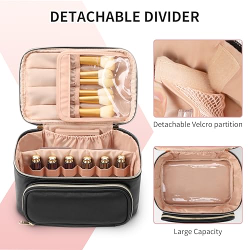 OCHEAL Makeup Bag, Multifunctional Make Up Bags with Zipper Pouch Large Compact Makeup Bag Organizer for Women Girls Cosmetics Toiletry Brushes Storage Makeup Case with Handle Divider-Black - color: 001_Black with front pocket, size: Medium