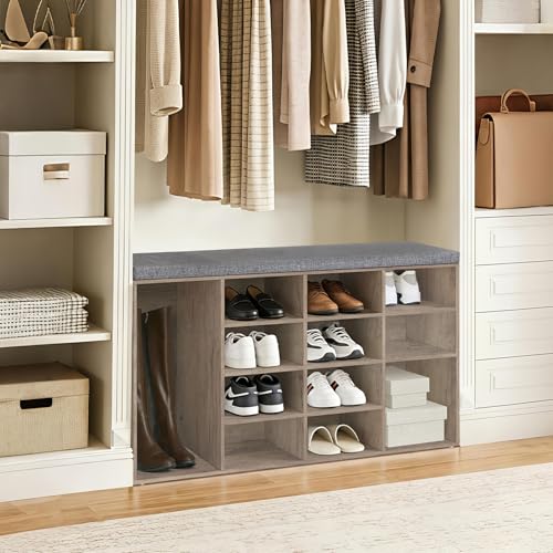DINZI LVJ Shoe Storage Bench with Cushion, 16-Cubby Shoe Rack, Adjustable Shelves, Multifunctional Shoe Organizer Bench for Entryway, Mudroom, Hallway, Living Room, Bedroom and Garage, Greige - color: Greige, size: 16 Cubby